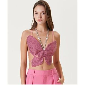 AREA Pink Rhinestone butterfly Crop Top